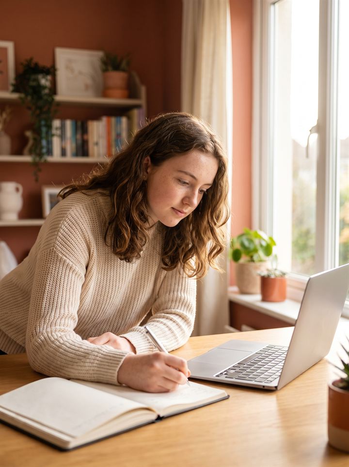 An Irish teenager studying at a desk with notebooks and a laptop, looking calm and focused.