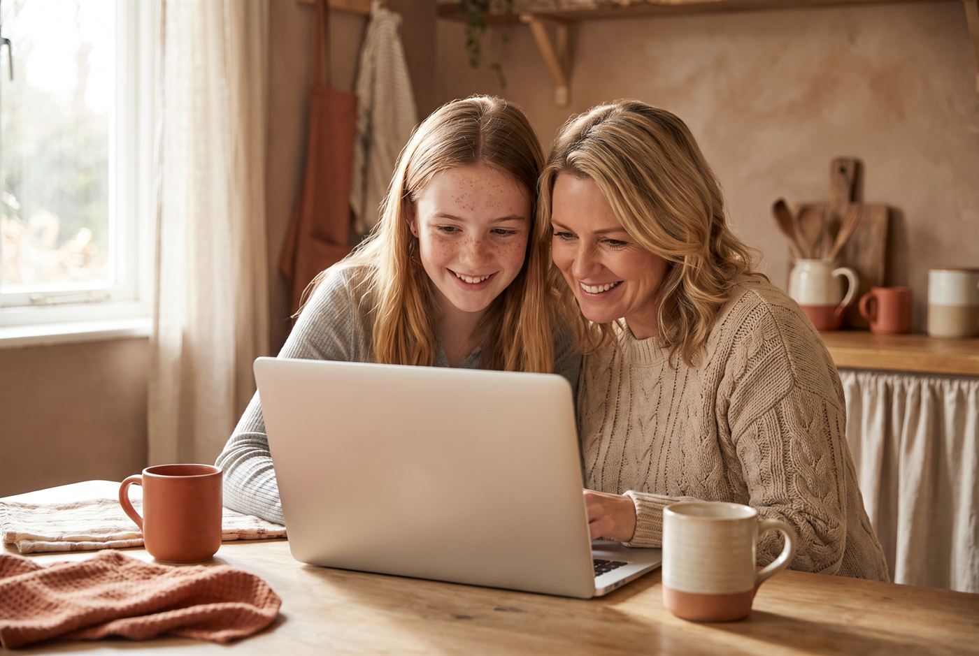 A parent and smiling child reading together at home, warm morning light.