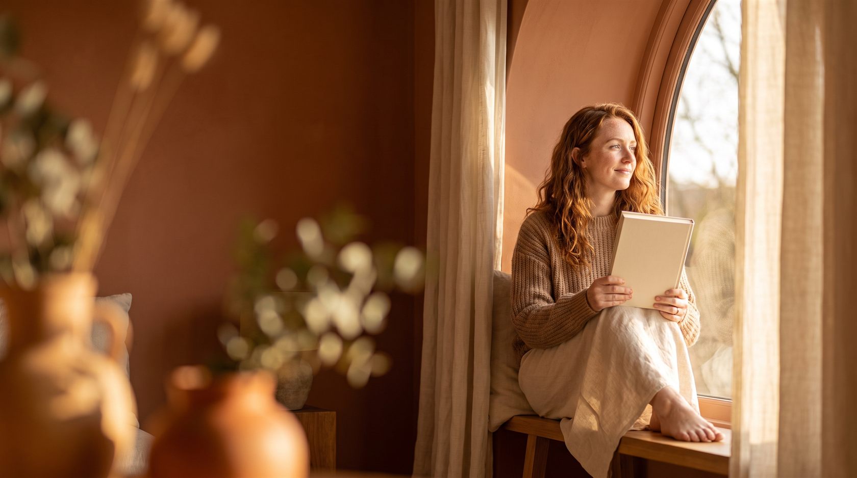 An Irish mother and her young child reading a picture book together in warm morning light at home.